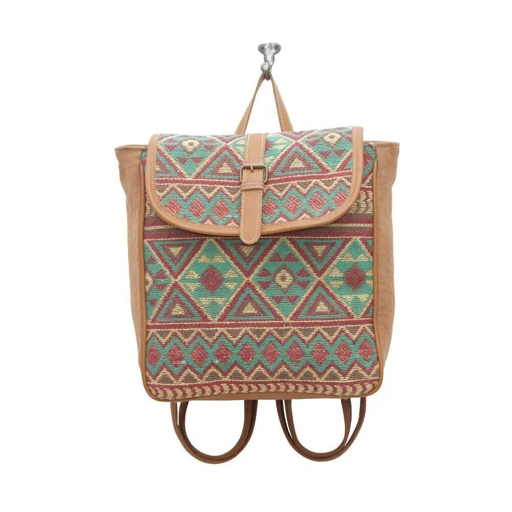 Myra Bag Handmade Dot Backpack Upcycled Canvas & Cowhide Leather